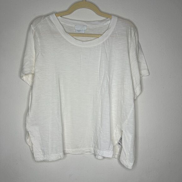 DKNY Ultra Soft Cream Short Sleeve Side Slit Round Neck Boxy Crop Top L - Picture 12 of 12